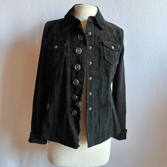 Black Suede & Knit Jacket Snap Closure Pockets Ruffle Front Size M - Picture 6 of 11